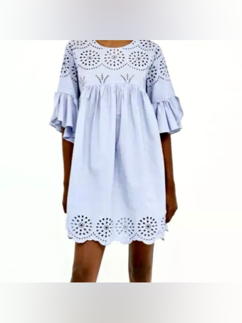 Zara Light Blue Eyelet Babydoll Dress, Size M - Picture 2 of 10